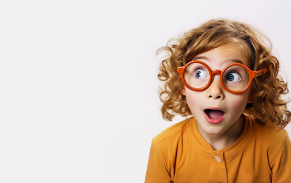 A bespectacled little girl has an expression of joyful amazement, eyes and mouth wide open, looks to the side on the customizable white space