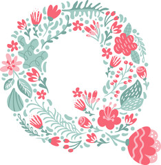Vector Hand Drawn Font Letter Q with Flowers and Branches Blossom Spring. Floral alphabet Typography uppercase Summer letter monogram or Logo Design wedding abc