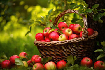 Wicker basket full of apples on green leaves background