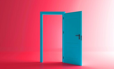 Open the door. Blue door, open entrance in red background room. Architectural design element. 3d rendering. Modern minimal concept. Opportunity metaphor.