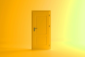 Closed yellow door with frame Isolated on background, 3d rendering design. 
