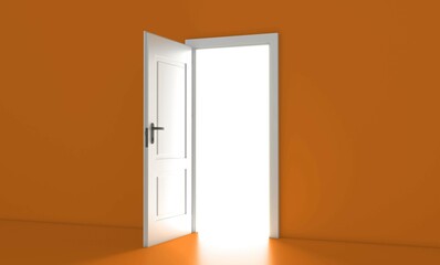 Open the door. Symbol of new career, opportunities, business ventures and initiative. Business concept. 3d render, white light inside open door isolated on yellow background. Modern minimal concept.