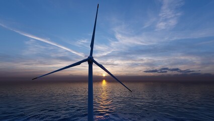 Fototapeta premium ULTRA HD. Ocean Wind Farm. Windmill farm in the ocean. Offshore wind turbines in the sea. Wind turbine from aerial view, 3d rendering. 