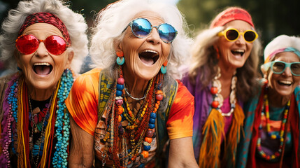 smiling older women and Men hippies in 70s clothing chanting at the concert. AI generative.
