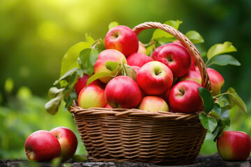 Fototapeta na wymiar Wicker basket full of apples on green leaves background