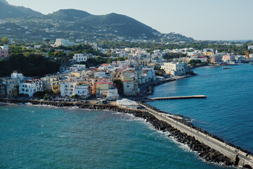View of the area from Ischia Ponte to the Port of Ischia from the Aragonese Castle, Gulf of Naples, Italy.