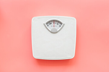 White floor weight scales top view. Body weight control and slimming concept