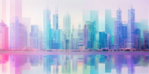 Skyline city abstract urban background. Modern reflections on water illustration. Futuristic skyline town artwork, digital drawing for interior design, fashion textile fabric, wallpaper