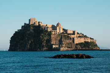 Aragonese Castle seen from Ischia Island, at the northern end of the Gulf of Naples, Italy.