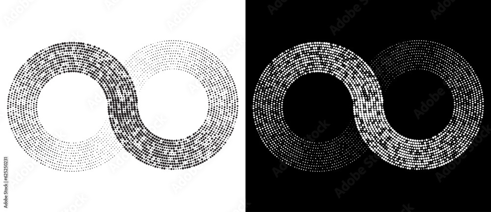 Poster spiral as halftone dotted abstract infinity symbol. black shape on a white background and the same w