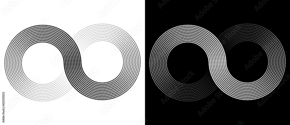 Poster spiral as halftone dotted abstract infinity symbol. black shape on a white background and the same w
