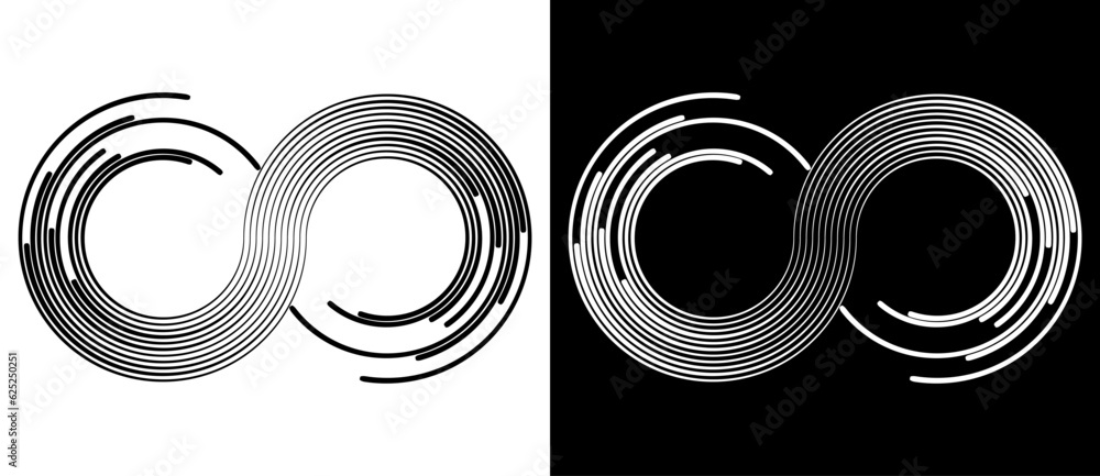 Poster Spiral with lines as abstract infinity symbol. Black shape on a white background and the same white shape on the black side.