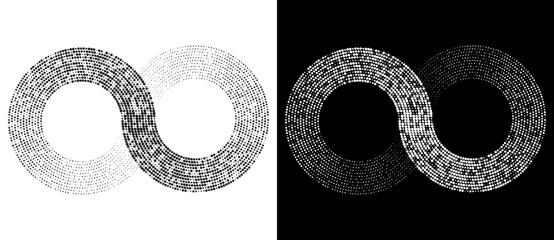 Spiral as halftone dotted abstract infinity symbol. Black shape on a white background and the same white shape on the black side.