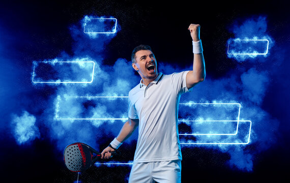 Padel tennis player with racket. Man athlete with paddle racket on court with neon colors. Sport concept. Download a high quality photo for the design of a sports app or website.