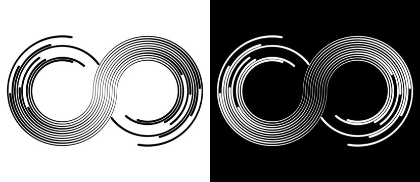 Spiral with lines as abstract infinity symbol. Black shape on a white background and the same white shape on the black side.