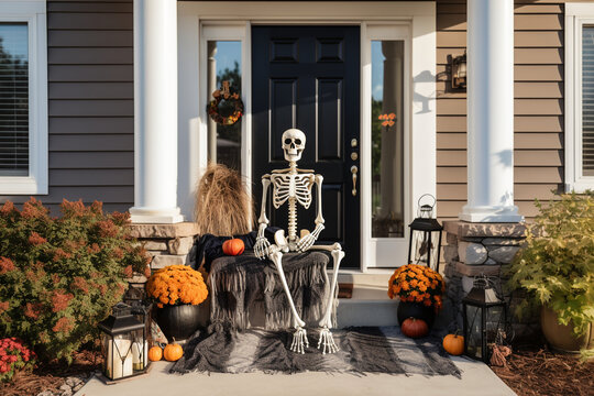 Halloween background. Decorative skeleton sits on orange pumpkins on the porch. Halloween decor. High quality photo
