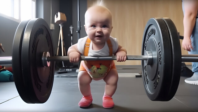 ittle smiling caucasian strong baby boy lifts a 400 kg barbell, neural network generated image