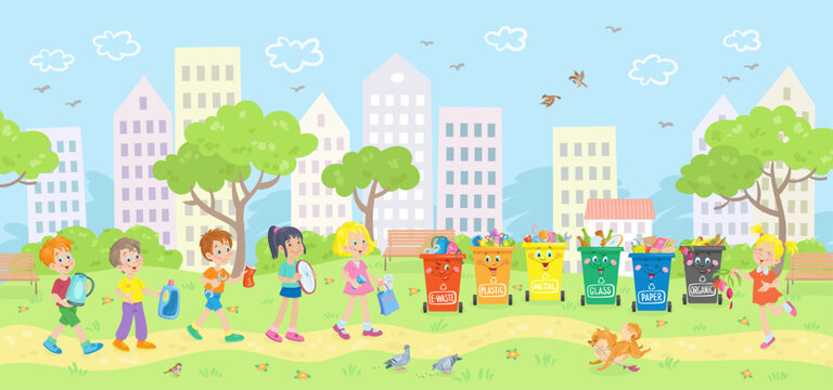 Group of funny children collects all kinds of waste in different colored trash cans. Waste sorting. Summer landscape in the city park. Vector illustration in cartoon style. 