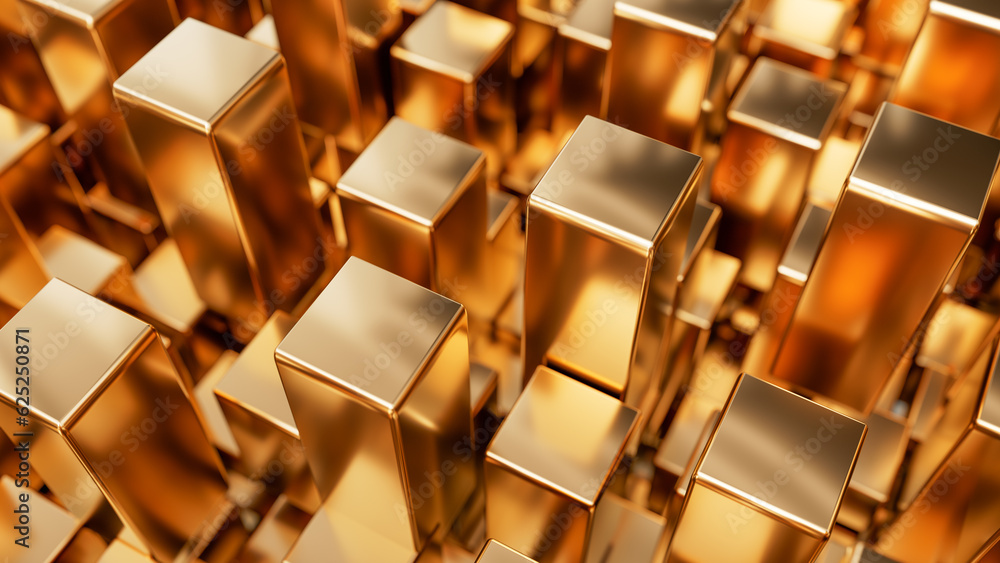 Poster 3d abstract golden cubes. rich background. 3d rendering