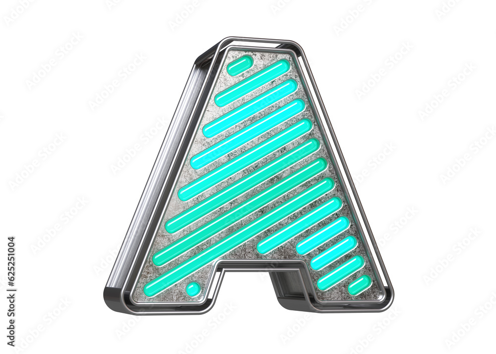 Poster neon font letter a in silver and teal. nice typeface for designing titles, ad headers and eye-catchi