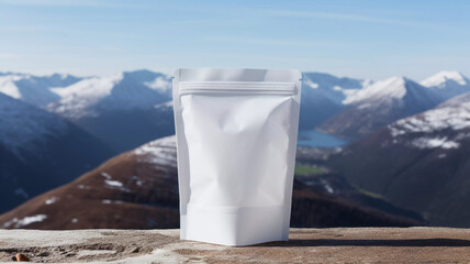 white opaque pouch mockup on mountain made with generative ai