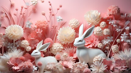  a white rabbit sitting in a field of pink and white flowers.  generative ai