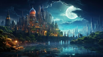  a fantasy castle with a full moon in the sky above it.  generative ai