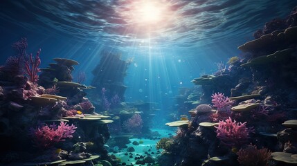  an underwater scene of a coral reef with a sunbeam.  generative ai