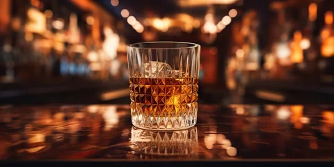 Foto op Plexiglas AI Generated. AI Generative. Classic alcohol whiskey scotch drink in glass with ice cubes at bar pub. Night club background decoration mock up mockup view © Graphic Warrior