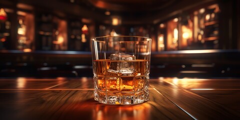 AI Generated. AI Generative. Classic alcohol whiskey scotch drink in glass with ice cubes at bar pub. Night club background decoration mock up mockup view - obrazy, fototapety, plakaty