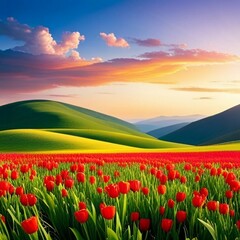 vibrant flower field in full bloom, surrounded by rolling hills and a brilliant blue sky, colorful, serene, high detail, spring landscape, ai generated