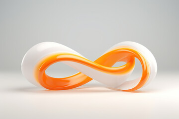 Symbole infini en 3D avec un rendu laqué brillant en orange et blanc sur un fond uni lumineux. Symbole d'infini et d'éternité appelé lemniscate