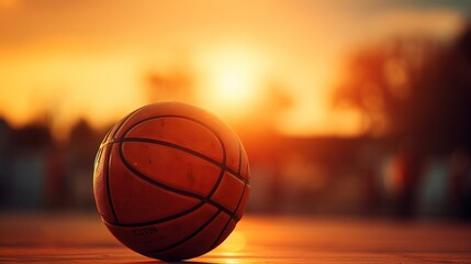 a basketball sitting on the ground in front of a sunset. generative ai