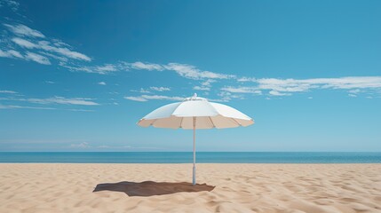 Fototapeta na wymiar a white umbrella sitting on top of a sandy beach next to the ocean. generative ai