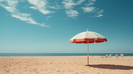  a beach with chairs and an umbrella on the sand near the ocean.  generative ai