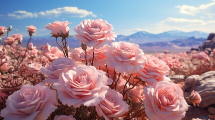  a field full of pink flowers with mountains in the background.  generative ai