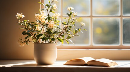  a vase with flowers and an open book on a window sill.  generative ai