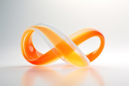 Symbole infini en 3D avec un rendu laqué brillant en orange et blanc sur un fond uni lumineux. Symbole d'infini et d'éternité appelé lemniscate