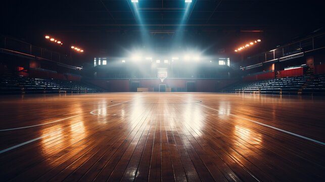  an empty basketball court with lights shining in the dark room.  generative ai