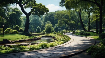  a winding path in a park with a pond and trees.  generative ai