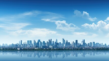  a city skyline with a lake in the foreground and clouds in the sky.  generative ai