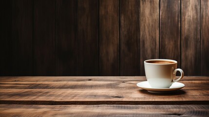  a cup of coffee sitting on top of a wooden table.  generative ai