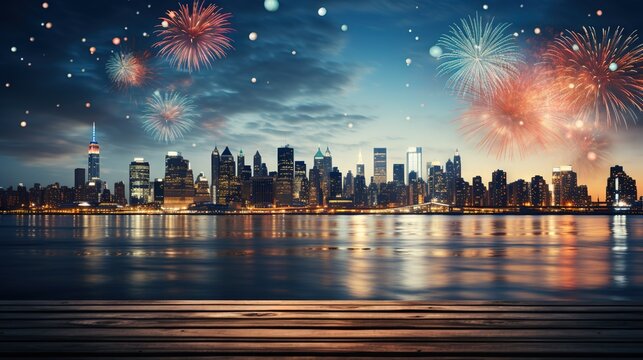  fireworks are lit up the night sky over a city skyline.  generative ai