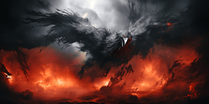 Raven in the dark with smoke and fire