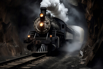 Fototapeta na wymiar Old steam train pulling into a tunnel belching steam and smoke. High quality photo