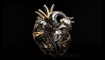 Anatomical human heart formed by pieces of metal. AI generated
