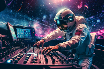 Astronaut DJ playing music in spaceship. Generative AI. - obrazy, fototapety, plakaty