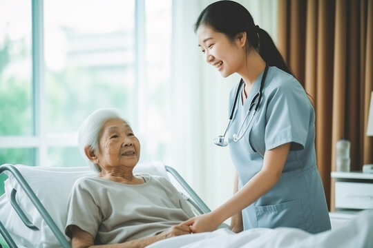 Smiling Asian caring nurse supporting holding hand of olde senior female patient lying on bed at clinic or hospital. Elderly people health care concept. Generative AI.