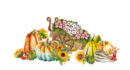 Autumn composition with pumpkins and flowers 
