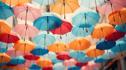  a bunch of umbrellas that are hanging up in the air.  generative ai